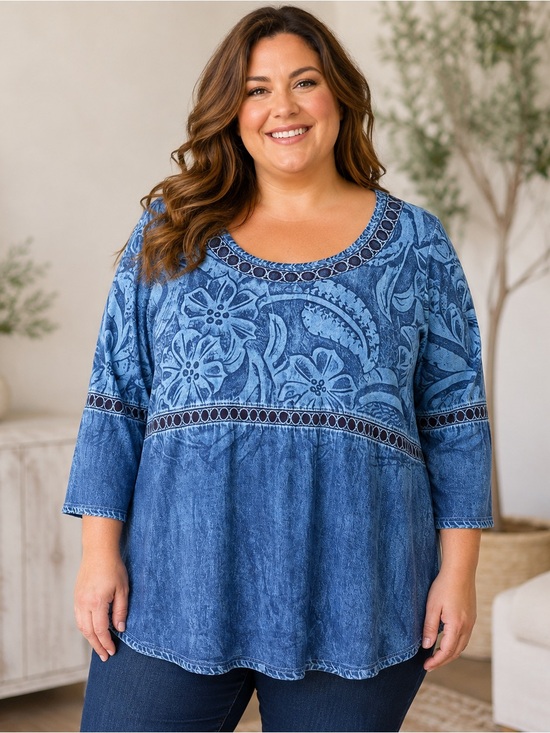 None Tops - Blue Floral Lace-Trim Scoop Neck Women's Top Sz XXL